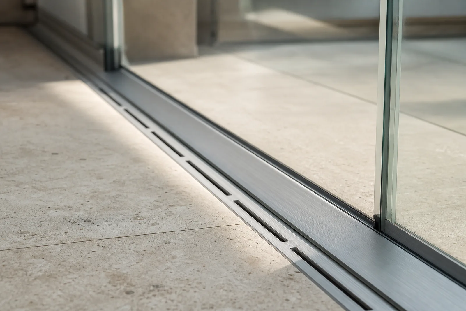 Detailaufnahme der flachen Nullschwellen-Bodenschiene mit integrierter Entwässerungsrinne einer barrierefreien Glas-Schiebetür