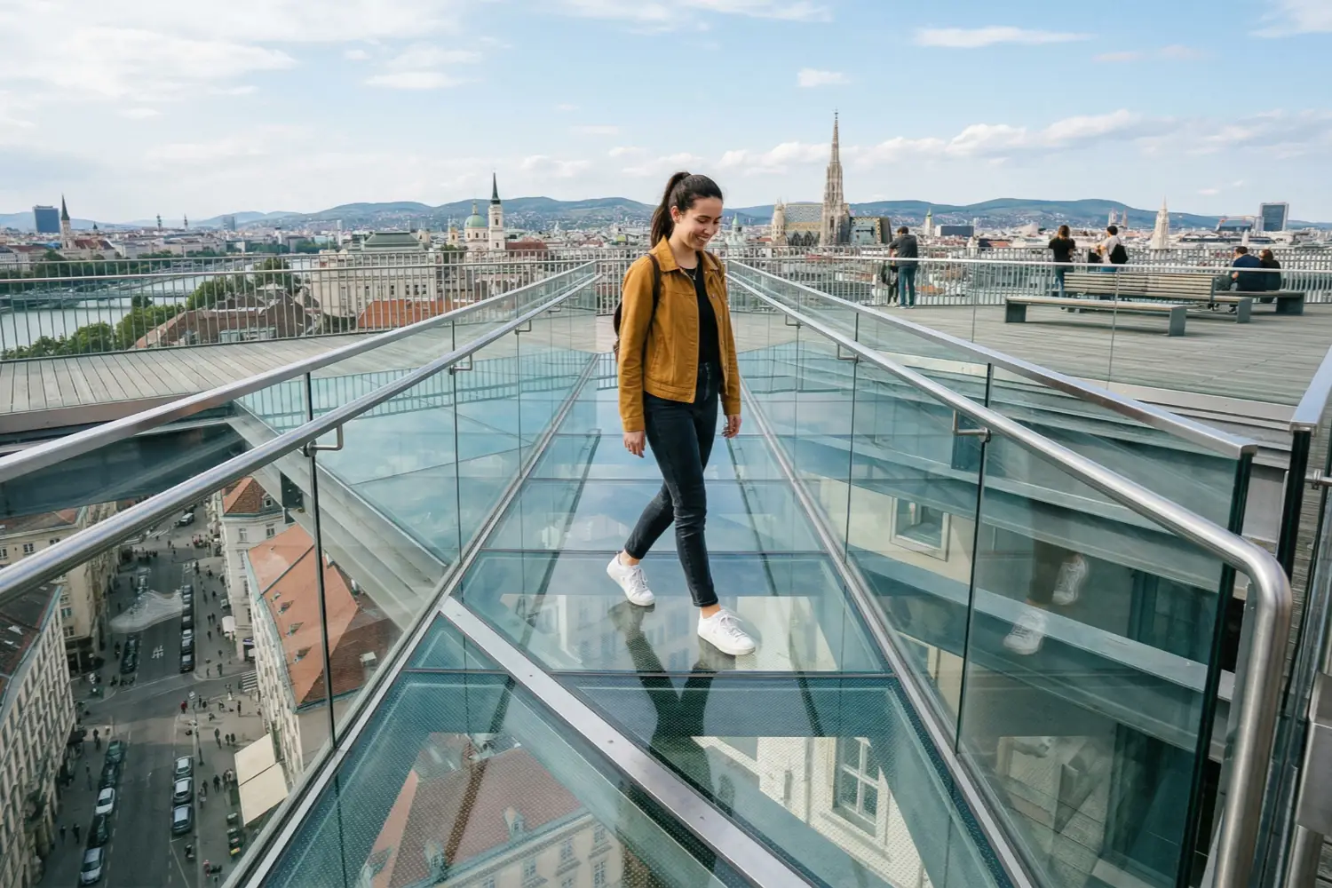 Frau geht über eine transparente Glasbrücke mit modernem Glasgeländer in Wien.