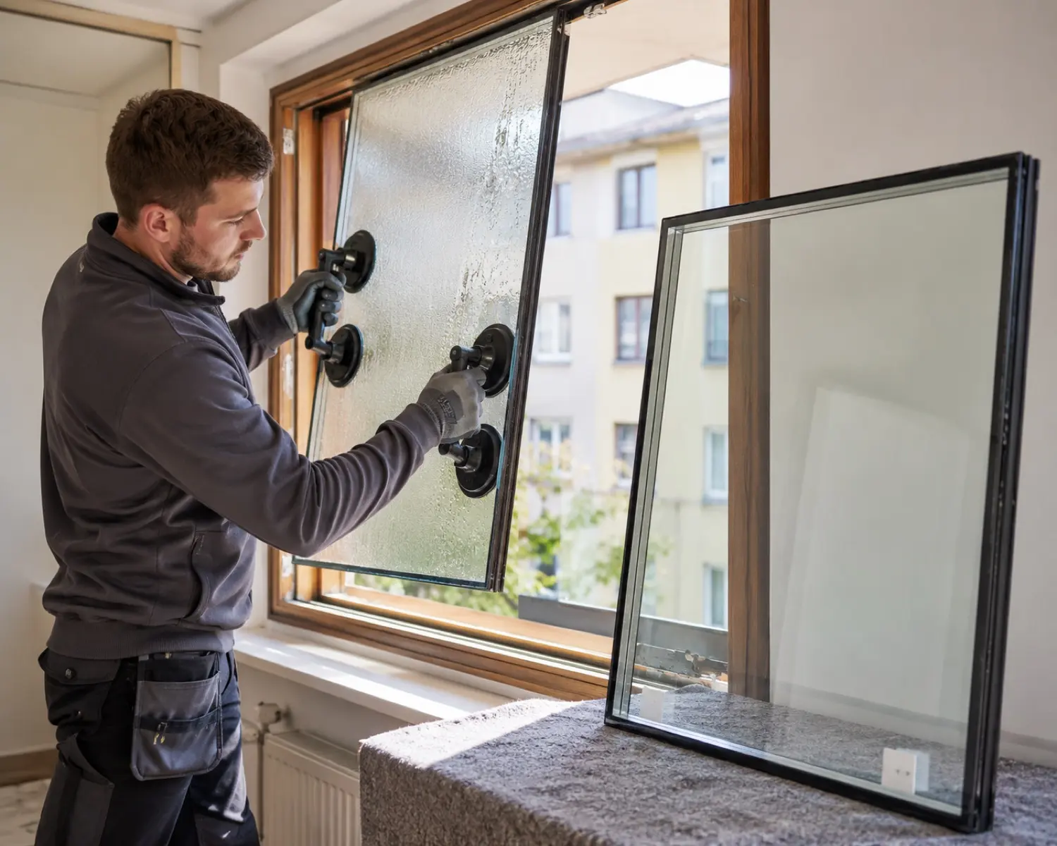 Glaser tauscht die beschlagene Isolierglaseinheit eines blinden Fensters aus.