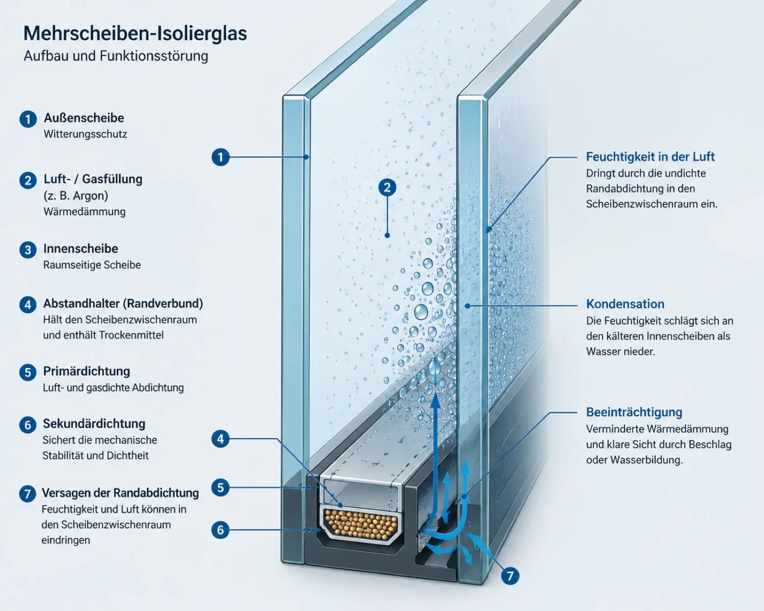 Infografik zur Entstehung von Feuchtigkeit im Scheibenzwischenraum eines Isolierglasfensters.