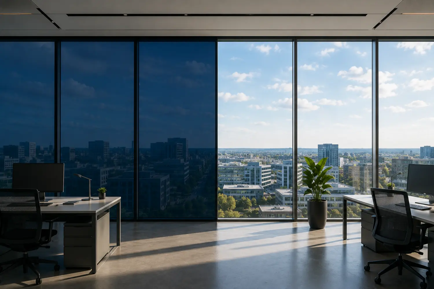 Moderne Glasfassade eines Bürogebäudes mit funktionaler Verglasung wie Smart Glass.