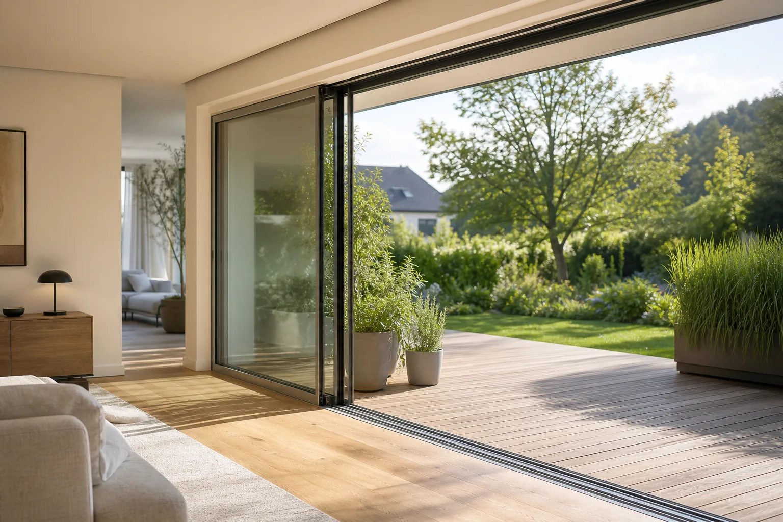 Große Glas-Schiebetür nach Maß öffnet den Wohnraum zum Garten hin.