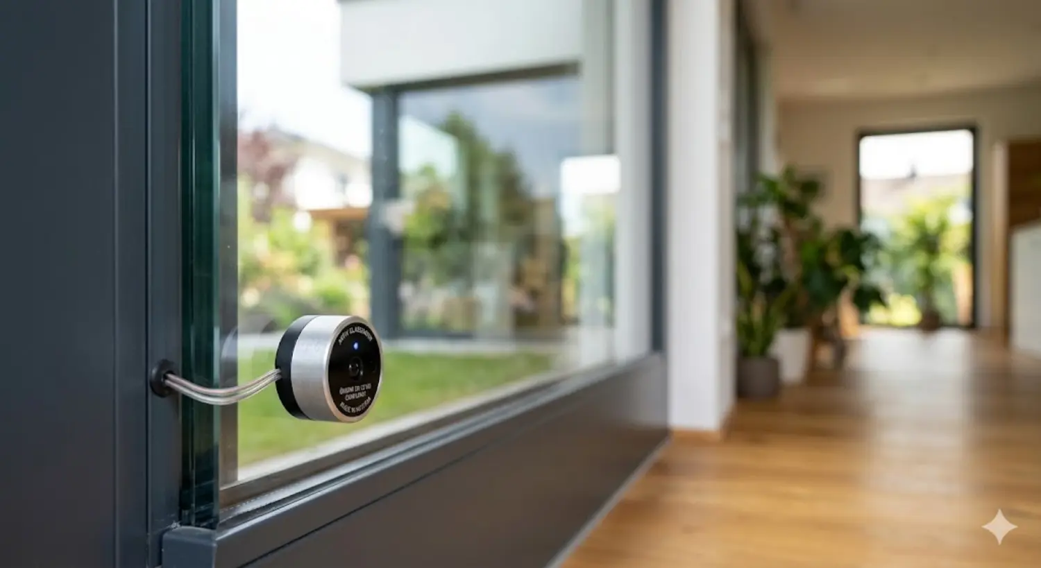 Ein Glasbruchsensor, montiert an einer Fensterscheibe, schützt ein modernes Wohnzimmer.