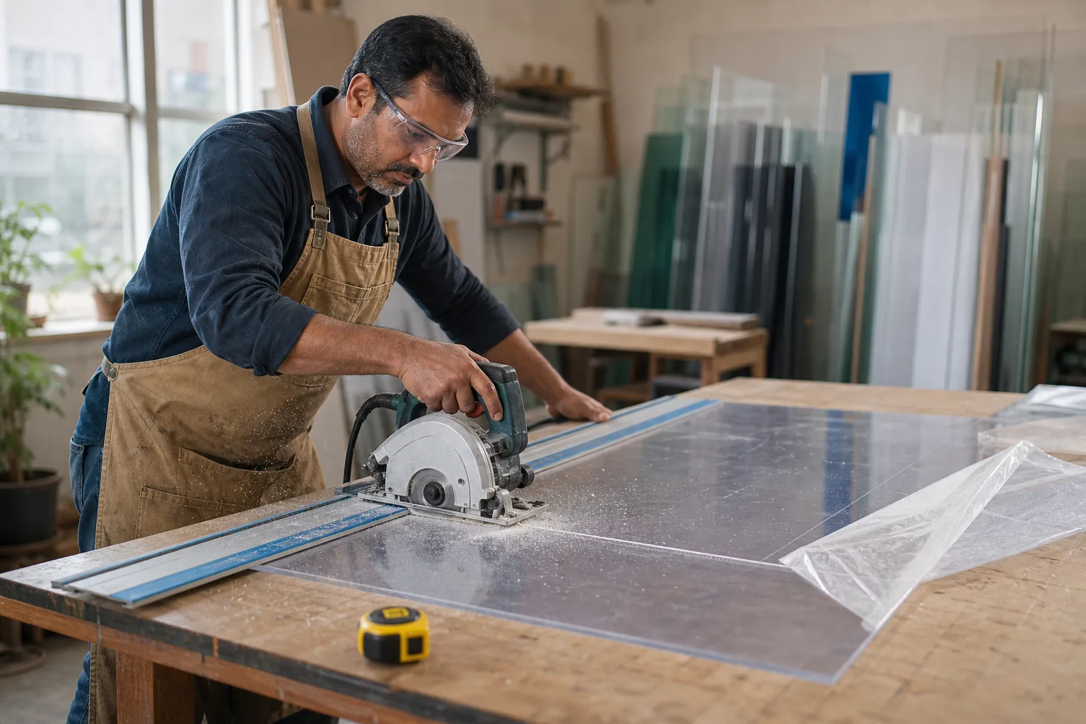 Ein Handwerker schneidet in einer Werkstatt eine Plexiglas-Platte mit einer Führungssäge exakt entlang der Maßlinie zu.