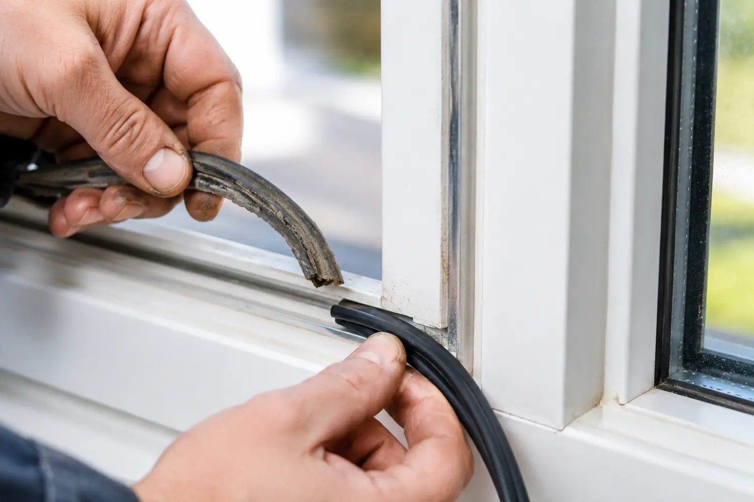 Glaser bei der Wartung eines Fensterbeschlags, was planbaren Umsatz durch Wartungsverträge symbolisiert.