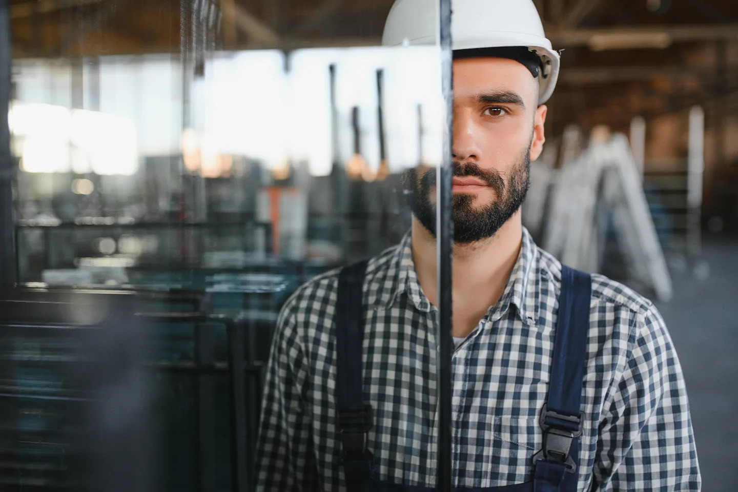 Glaser von Glaserei.Network mit Glasscheibe in der Werkstatt.