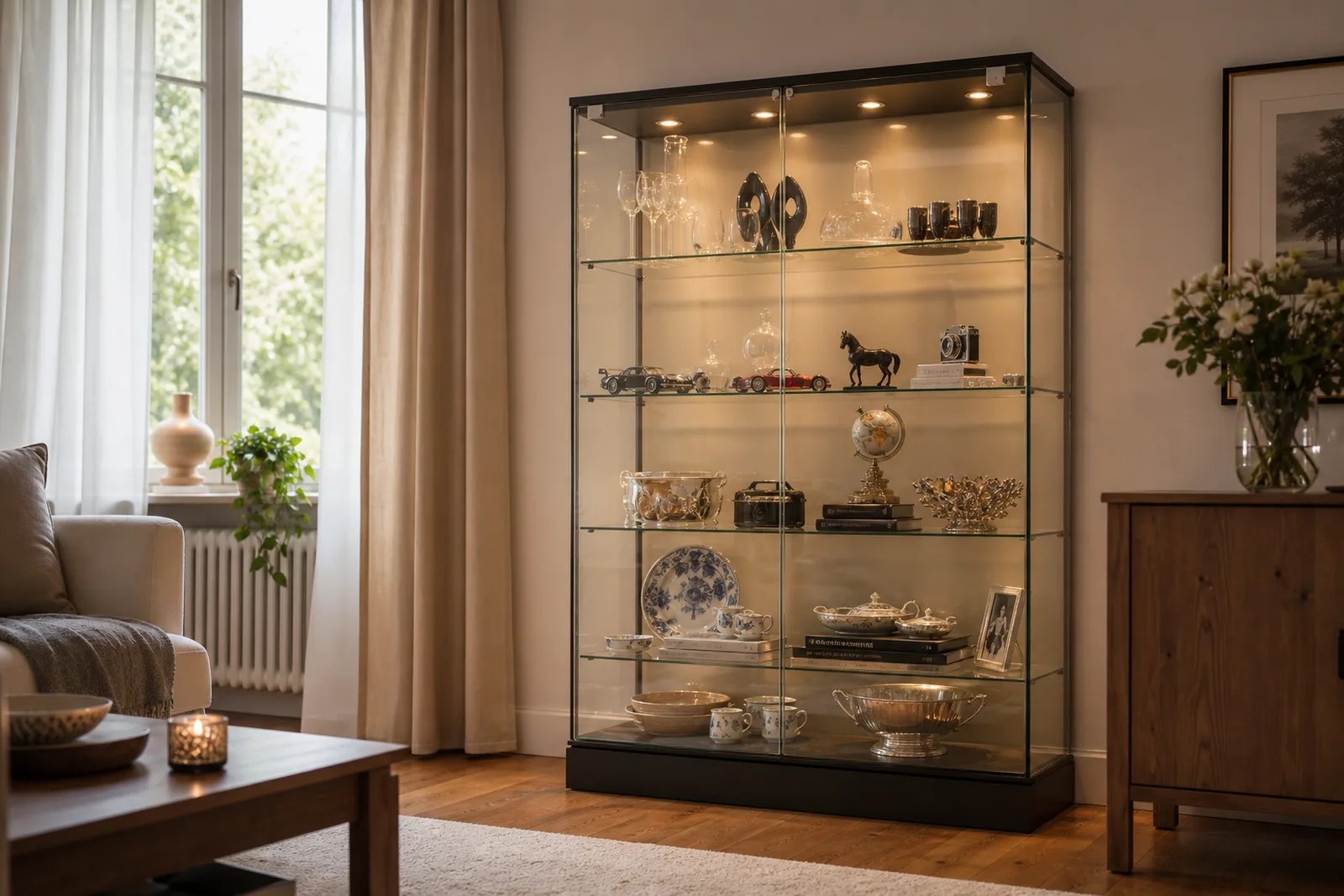 Elegante Glasvitrine mit Sammlerstücken in einem hellen Wohnzimmer
