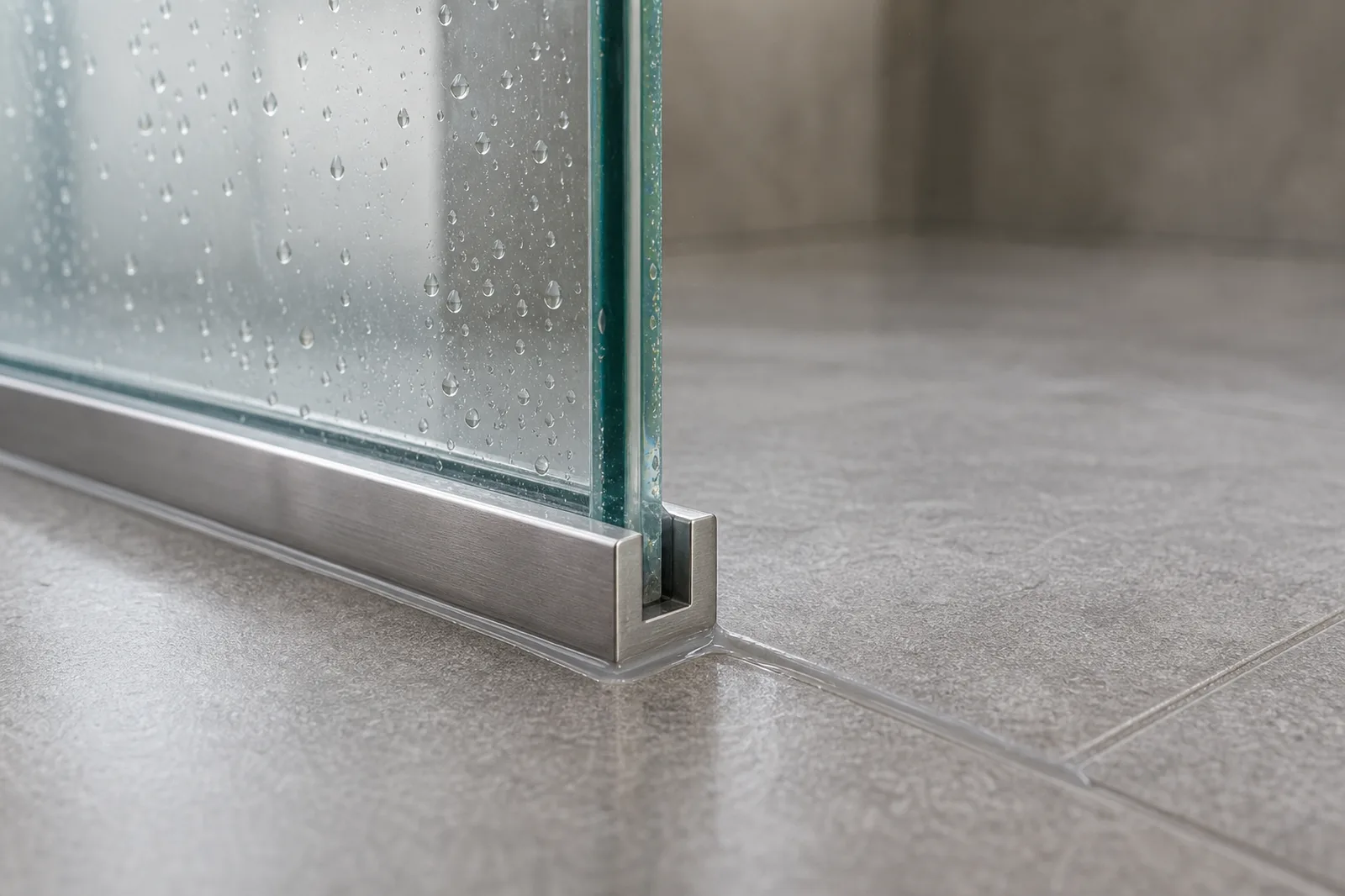 Nahaufnahme der Bodenbefestigung und Silikonfuge einer Walk-in-Duschwand aus Glas
