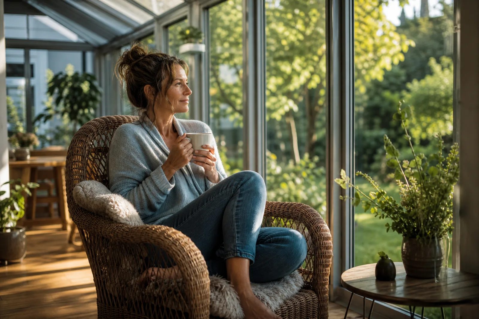 Wintergarten aus Glas als heller Wohnraum mit Blick in den Garten